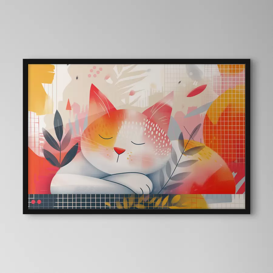 Fototapete Eine süße Katze schläft auf dem Boden zwischen bunten Blumen f40981