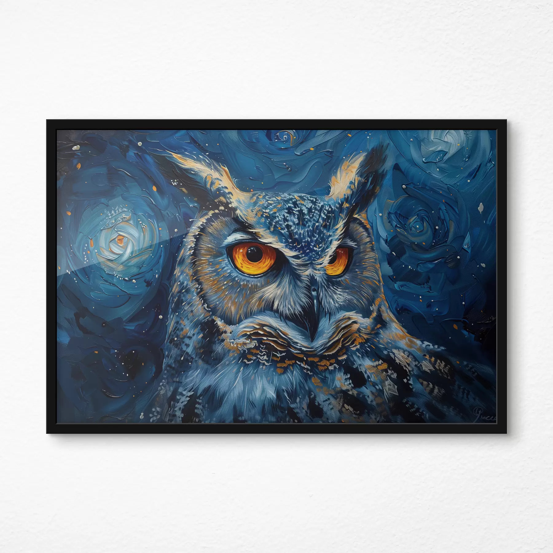 Fototapete Der Blick einer Eule bei Nacht mit einem Himmel im Van-Gogh-Stil f40982