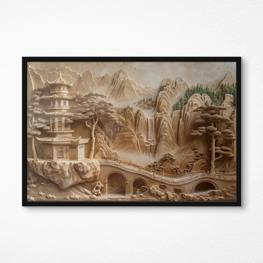 Fototapete Basrelief-Imitation: Berge mit Bäumen, eine Brücke und ein Tempel, mehrschichtig f40989