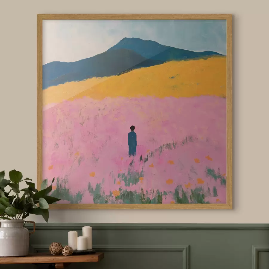 Fototapete Ein Mann in einem Feld mit rosa Blumen f41164
