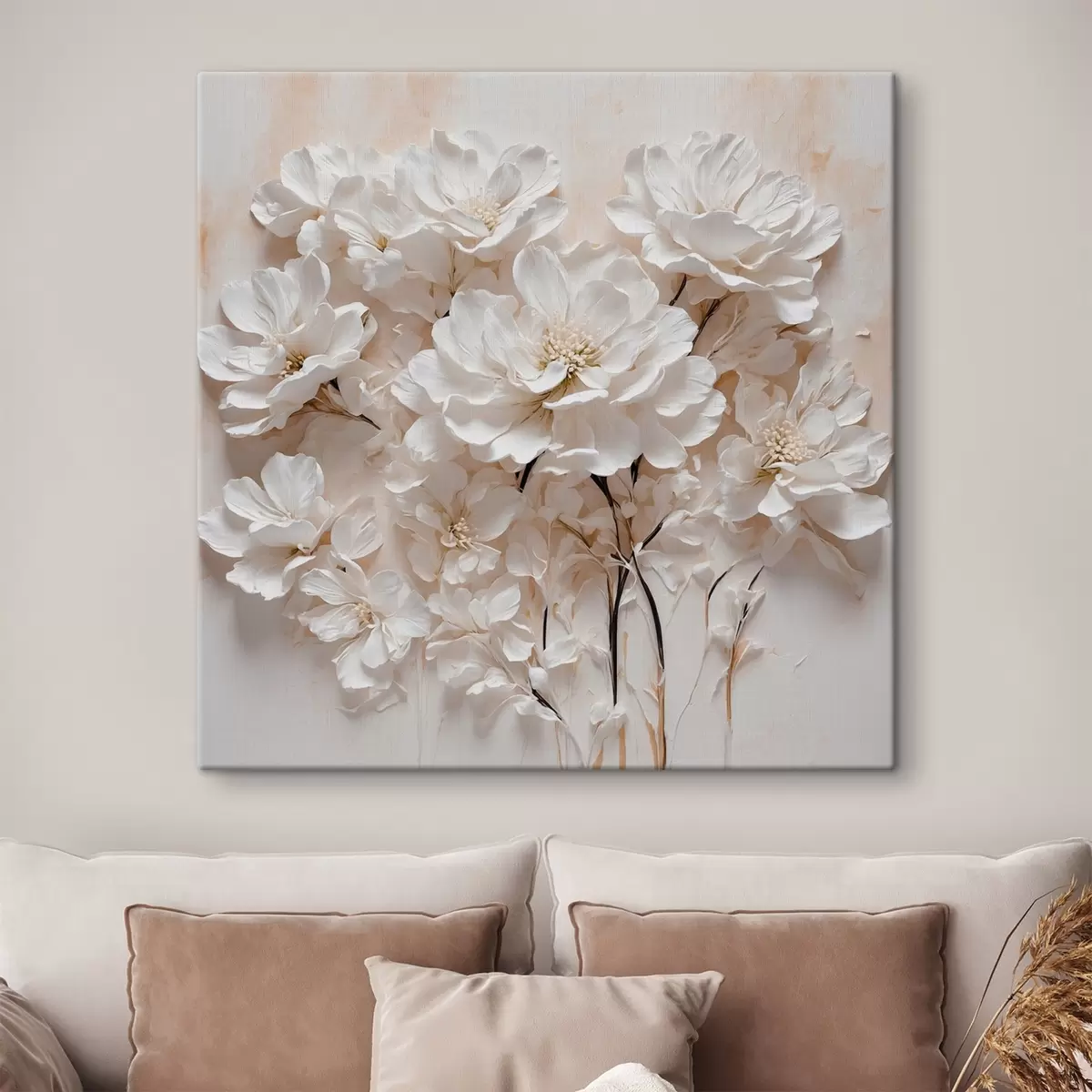 Wandbilder Weiße Blumen auf weiß-orangem Hintergrund s41042