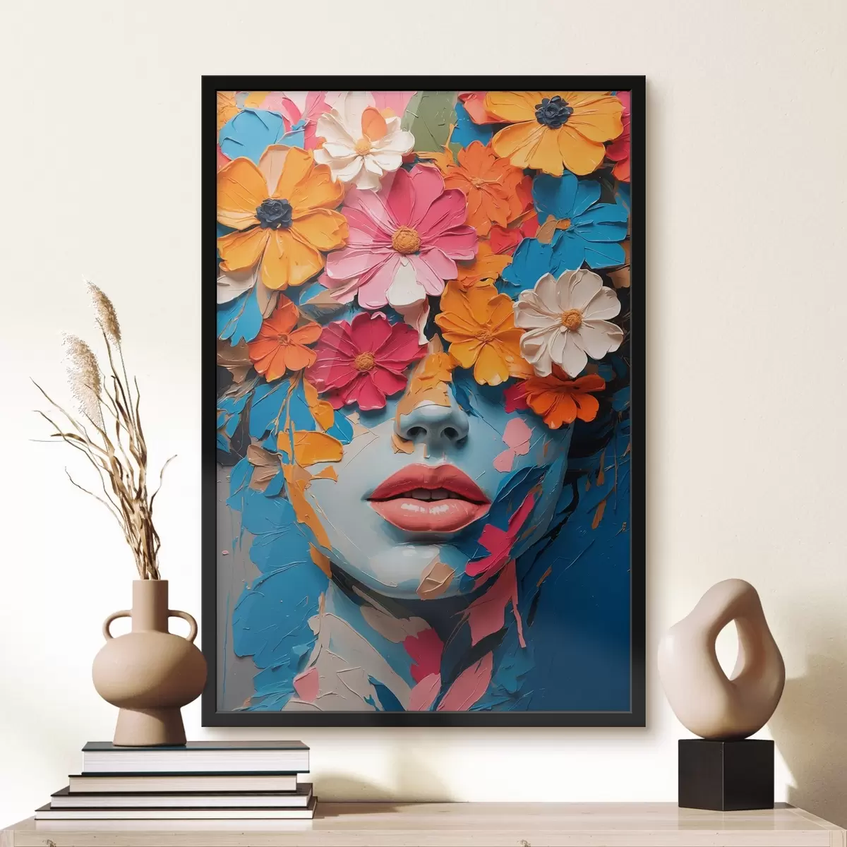 Poster Gesicht eines Mädchens in Öl mit Blumen bedeckt f41023