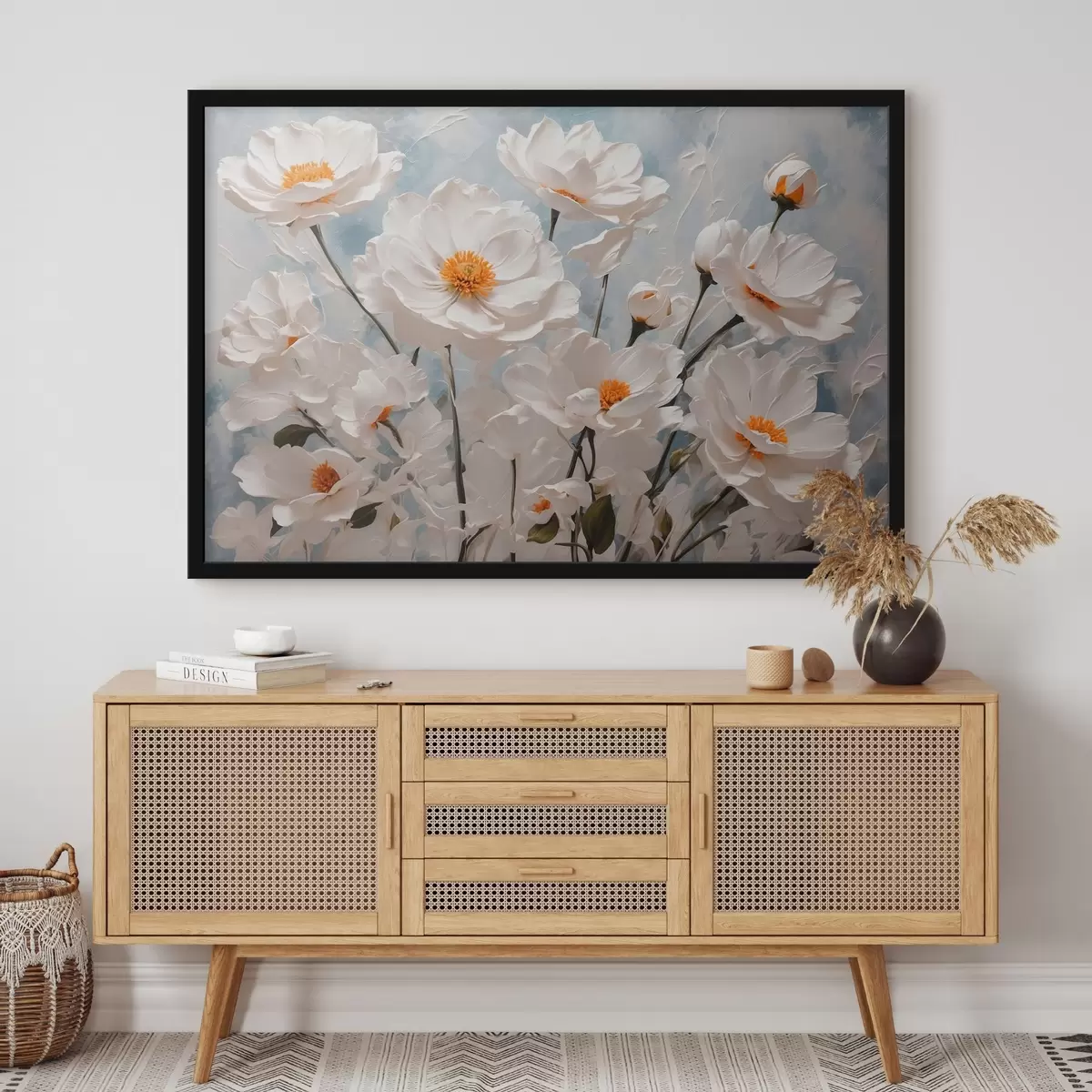 Poster Weiße Blumen auf blau-weißem Öl-Hintergrund f41041