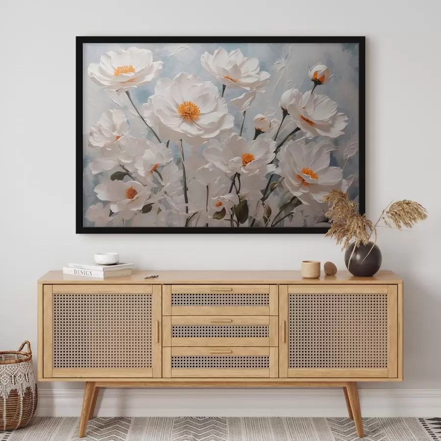 Fototapete Weiße Blumen auf blau-weißem Öl-Hintergrund f41041