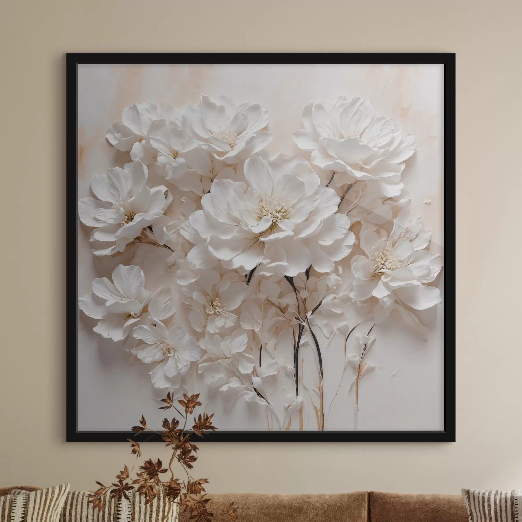 Fototapete Weiße Blumen auf weiß-orangem Hintergrund f41042