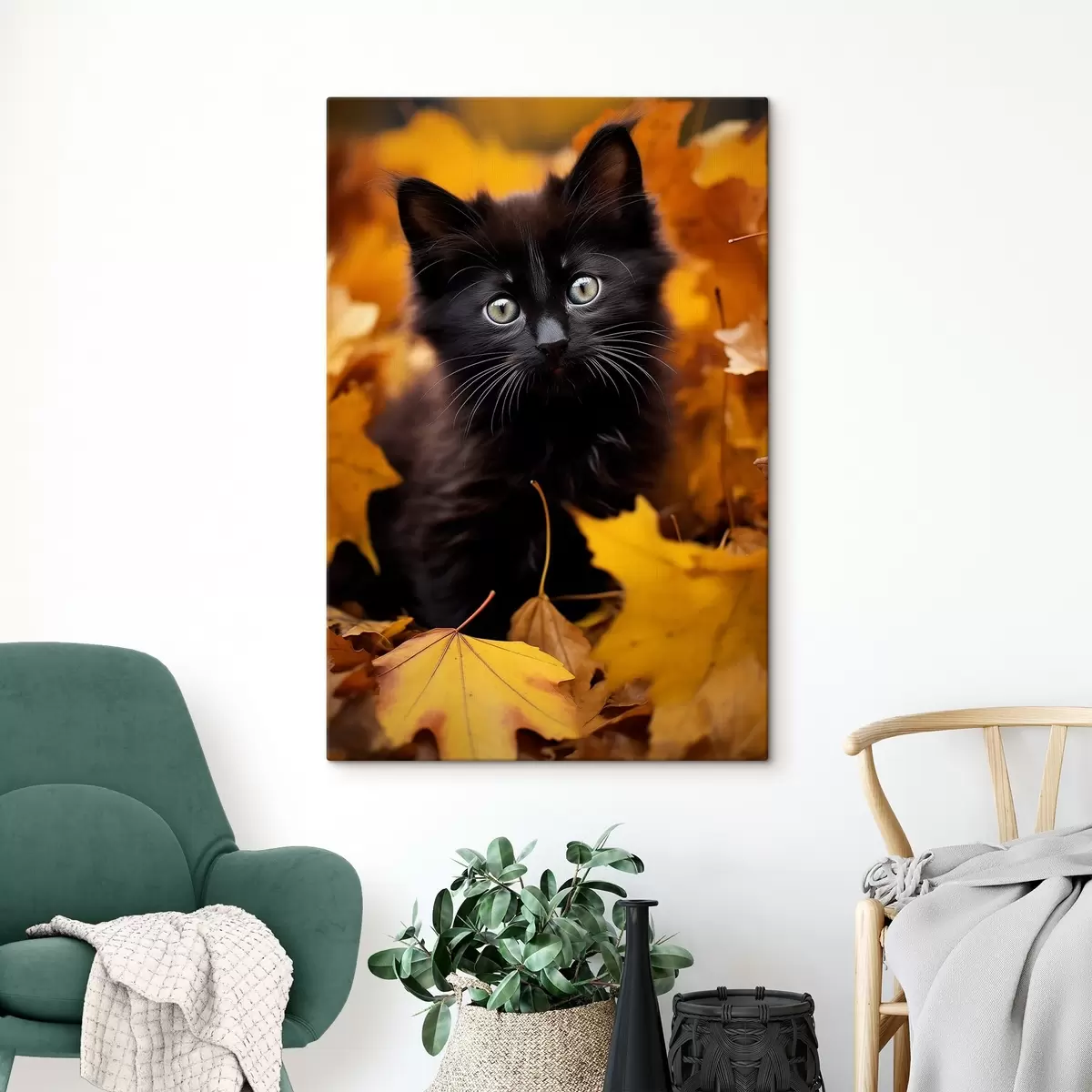 Wandbilder Niedliche schwarze Katze im Herbstwald s41119