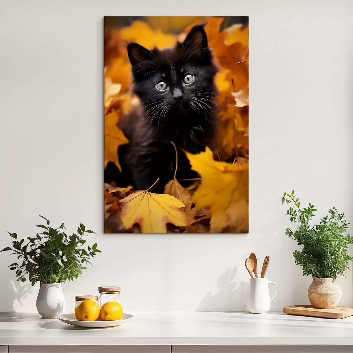 Wandbilder Niedliche schwarze Katze im Herbstwald s41119