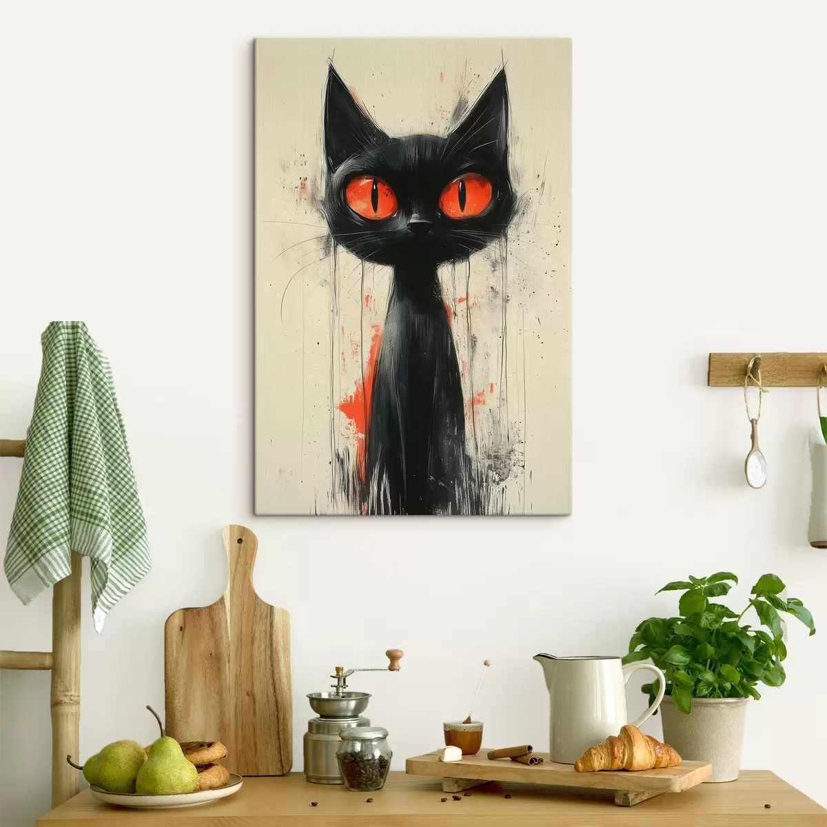 Wandbilder Handgezeichnete schwarze Katze auf einem Hintergrund aus Aquarellflecken s41121