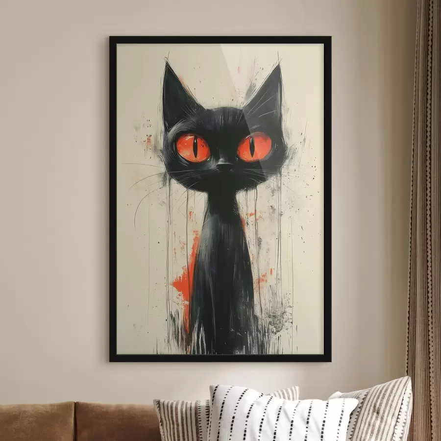 Fototapete Handgezeichnete schwarze Katze auf einem Hintergrund aus Aquarellflecken f41121