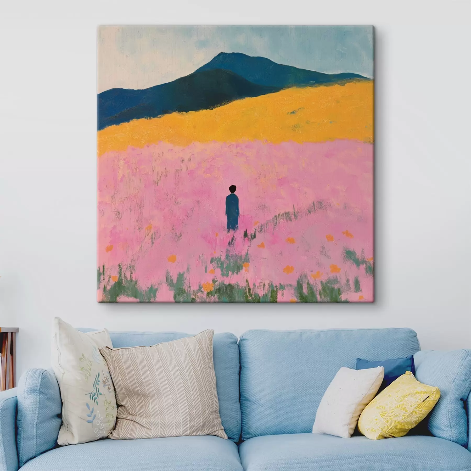 Wandbilder Ein Mann in einem Feld mit rosa Blumen s41164