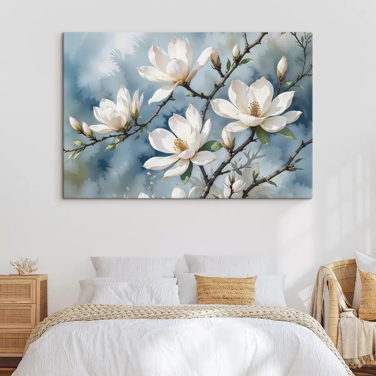 Wandbilder Weiße Magnolienblüten auf Baumzweigen vor einem weichen aquarellblauen Himmelshintergrund s41081