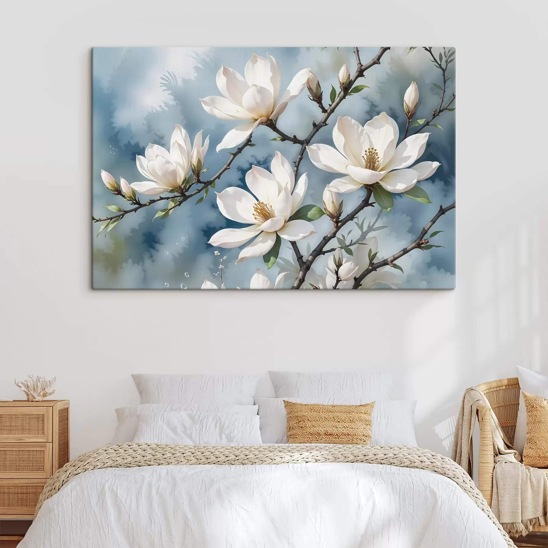 Fototapete Weiße Magnolienblüten auf Baumzweigen vor einem weichen aquarellblauen Himmelshintergrund s41081