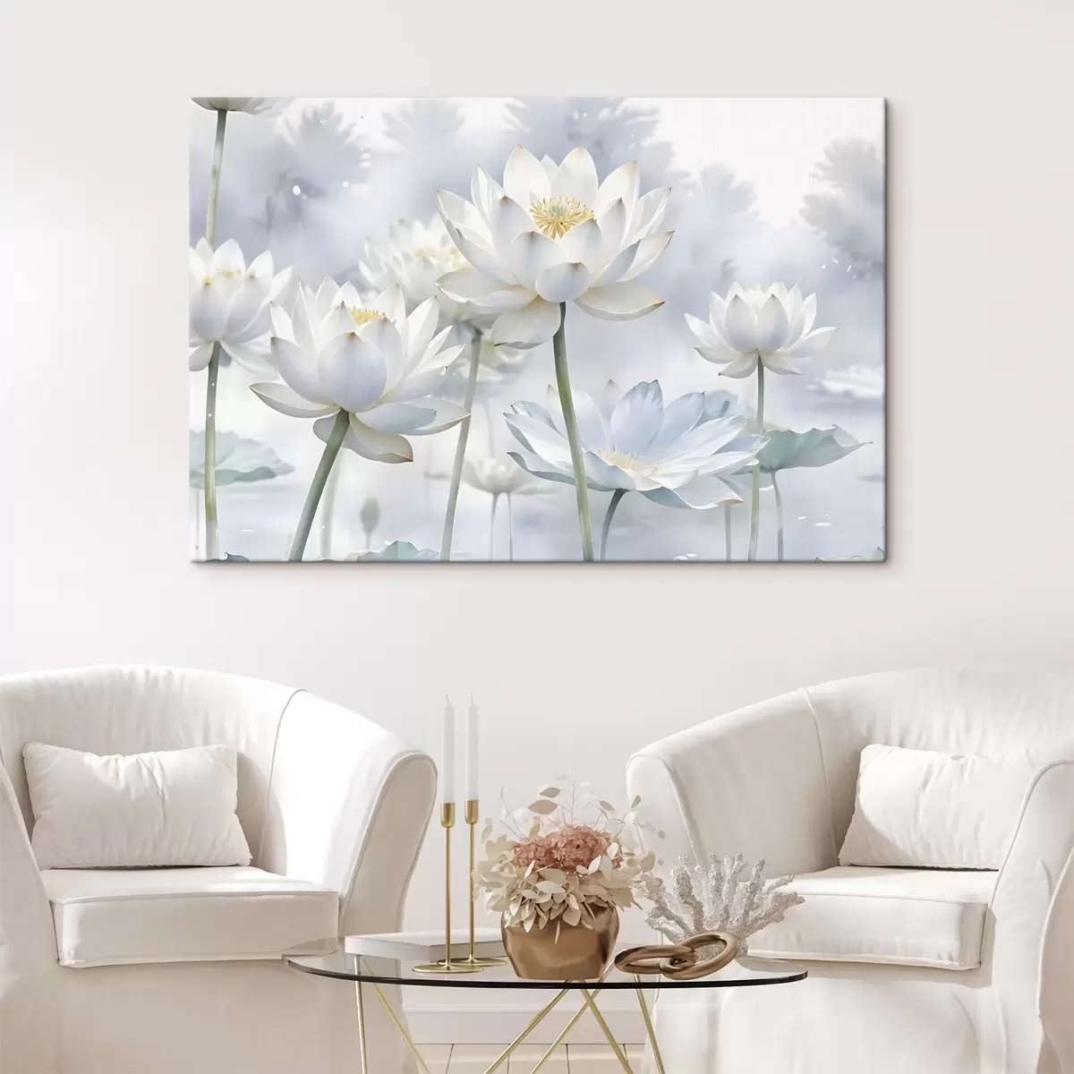 Wandbilder Weiße pastellfarbene Lotosblumen in einem nebligen abstrakten aquarellierten Hintergrund s41100