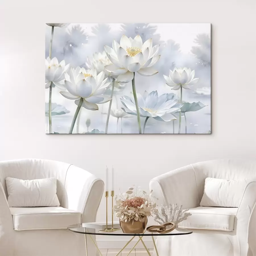 Wandbilder Weiße pastellfarbene Lotosblumen in einem nebligen abstrakten aquarellierten Hintergrund s41100