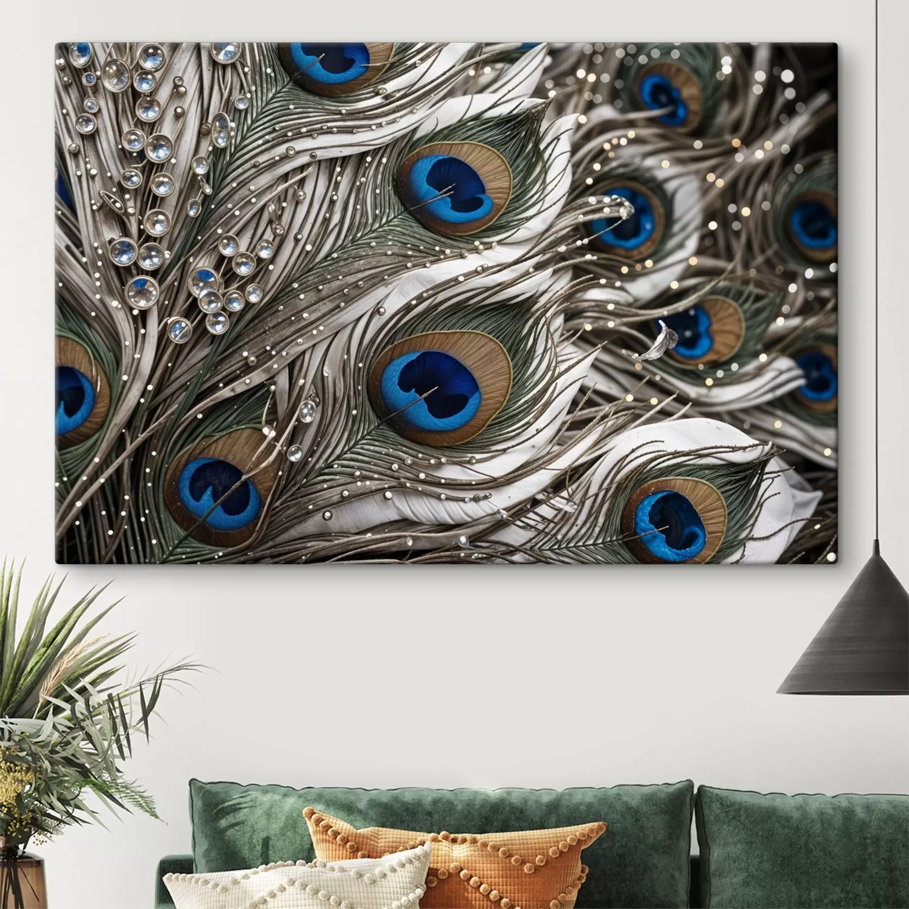 Wandbilder Lebendige Pfauenfedern mit verschlungenen Mustern und auffälligen blauen Mustern s41103