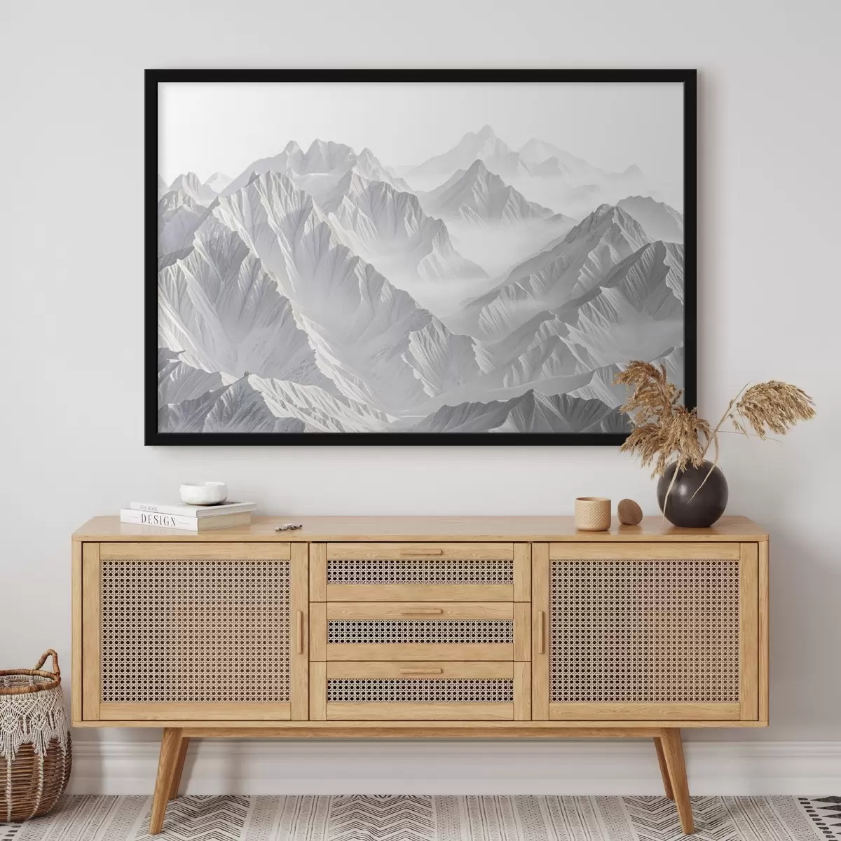 Poster Verschneite, minimalistische Berggipfel in einer nebligen, dunstigen Landschaft f41083