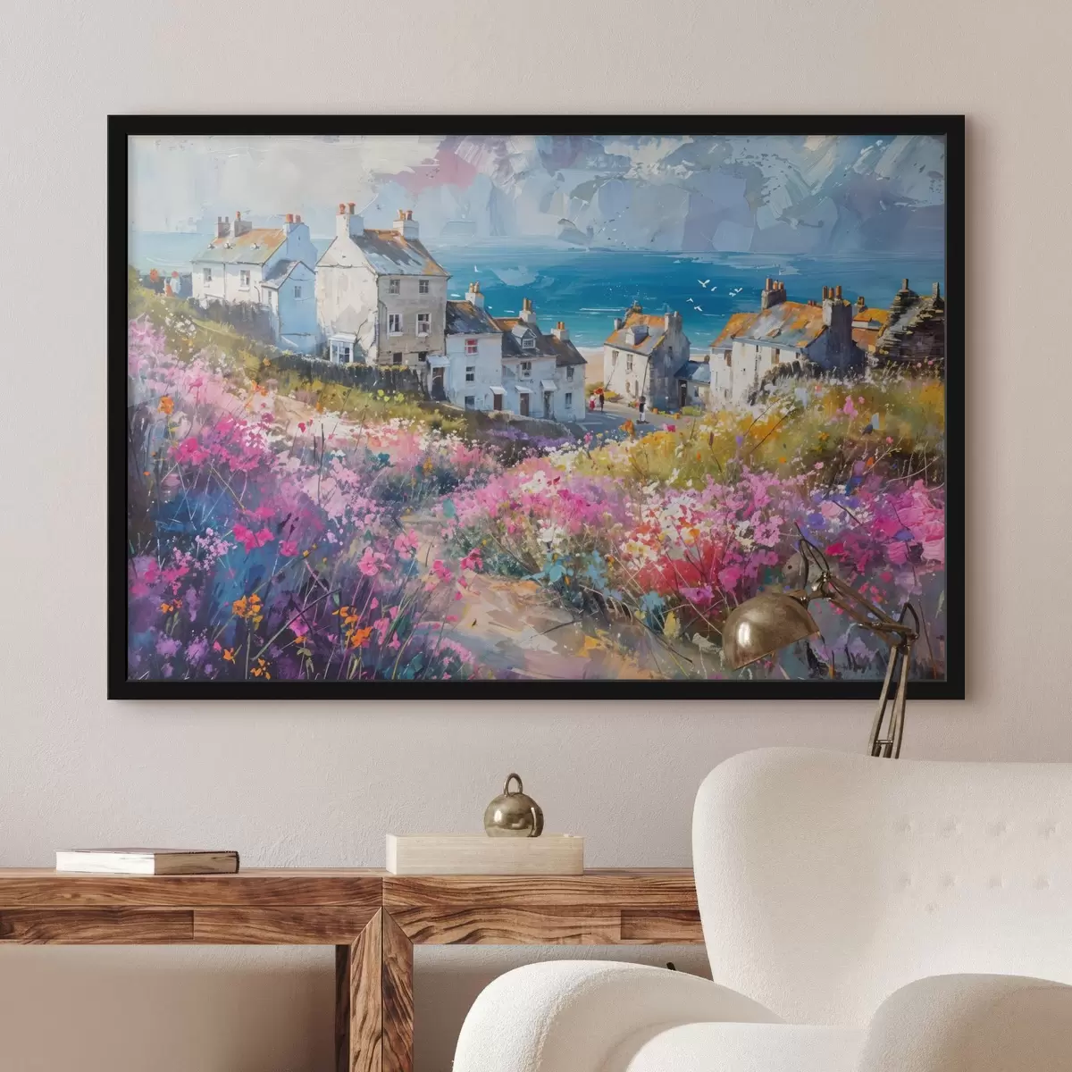 Poster Ein buntes Ölgemälde Küstenstadt mit weißen Häusern und einem lebendigen Blumengarten im Vordergrund f41090