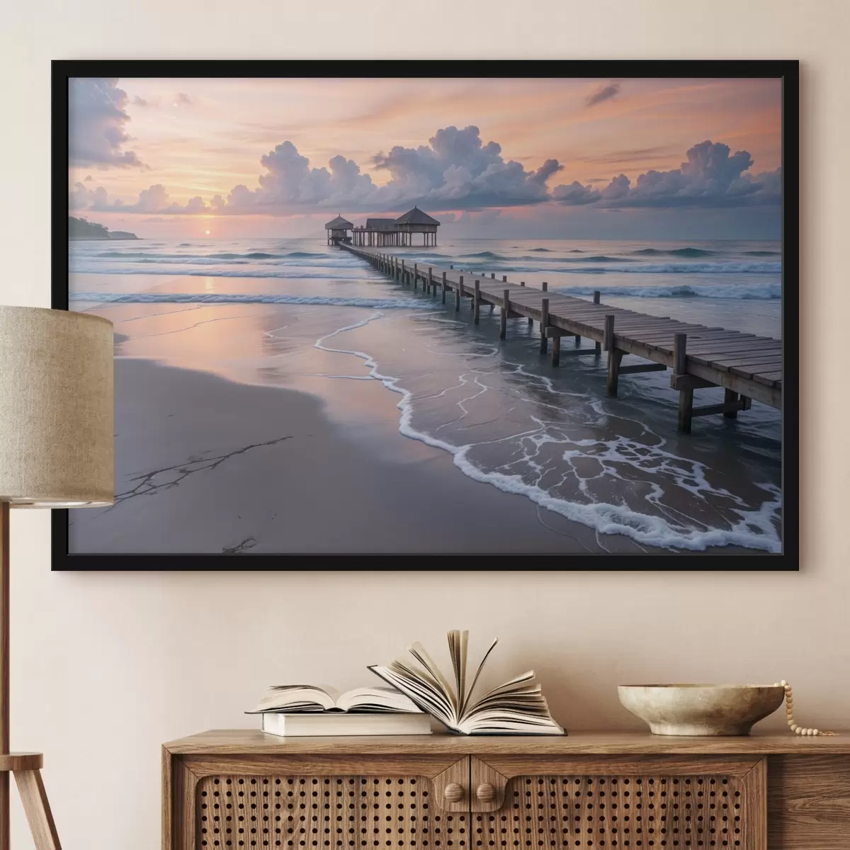 Poster Ein hölzerner Steg, der in einen ruhigen Ozean bei Sonnenuntergang mit bunten Wolken hineinragt f41091