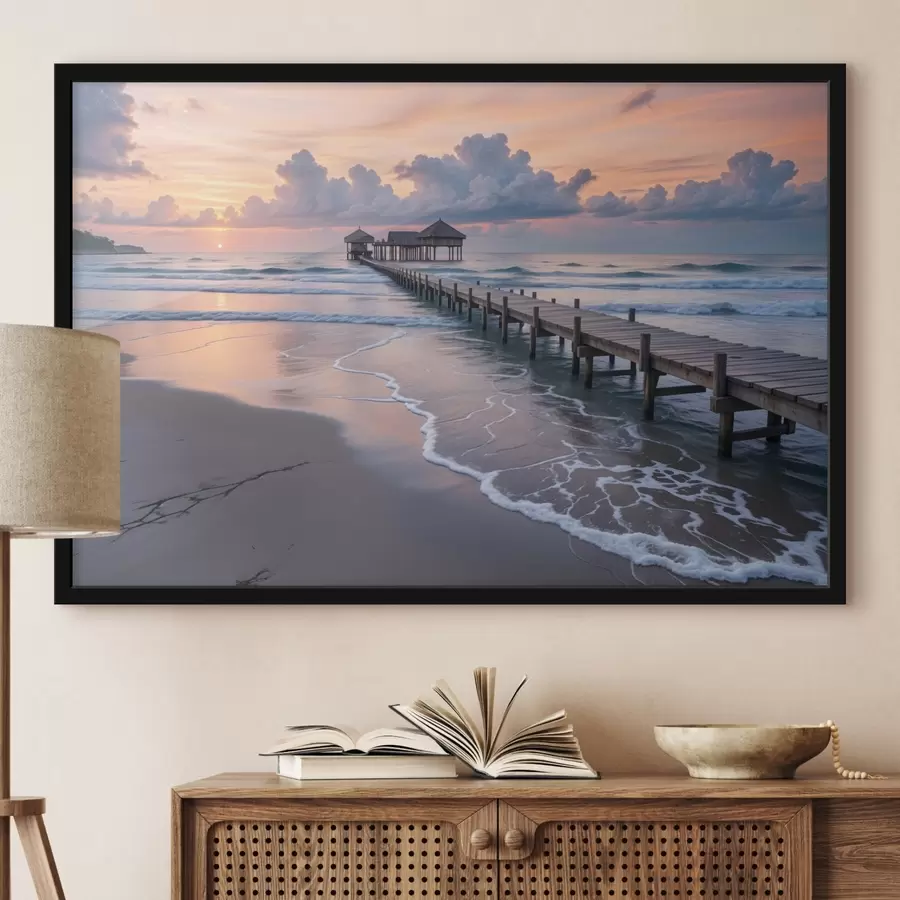 Fototapete Ein hölzerner Steg, der in einen ruhigen Ozean bei Sonnenuntergang mit bunten Wolken hineinragt f41091