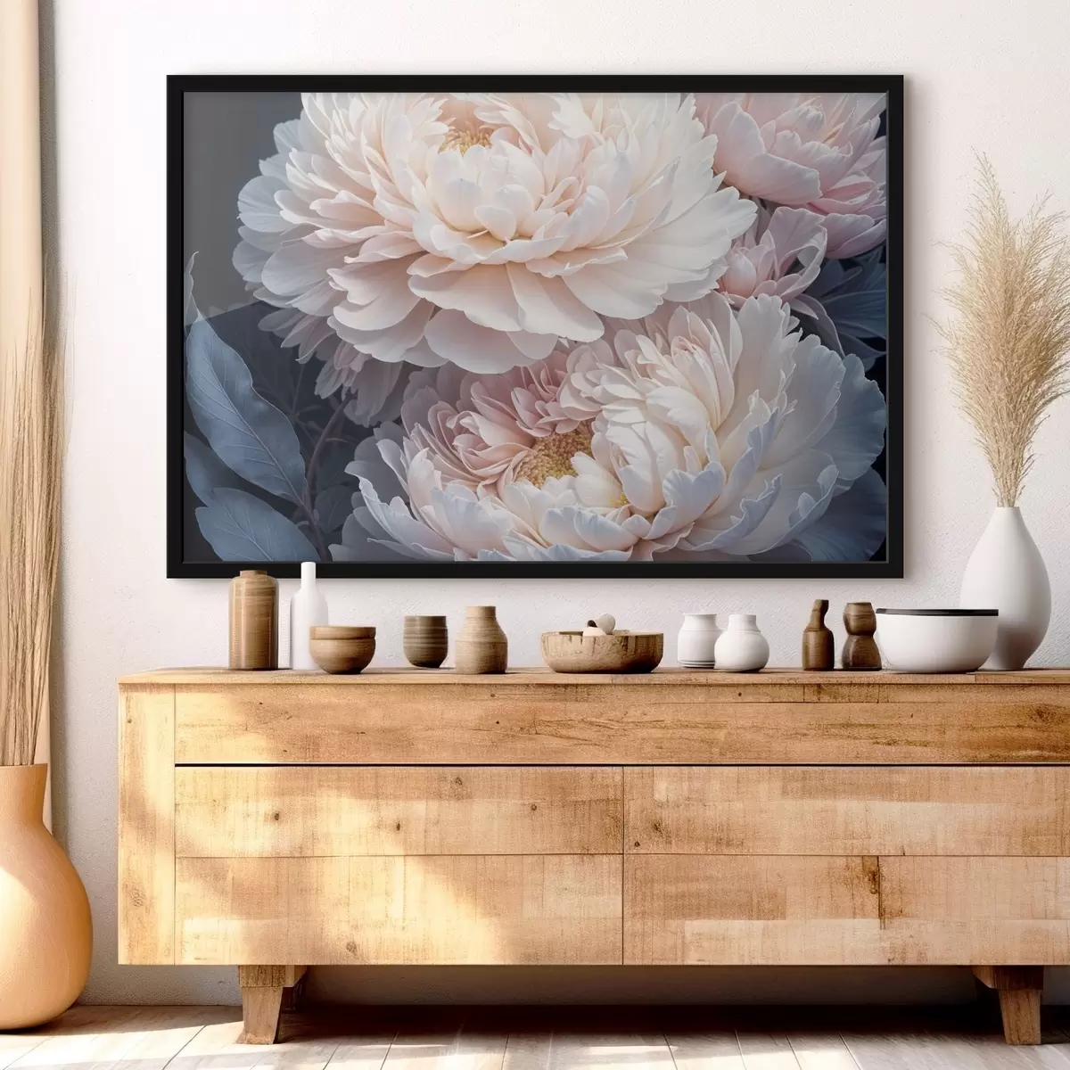 Poster Zarte pastellrosa Pfingstrosen mit weichen, flauschigen Blütenblättern und blauen Blättern vor dunklem Hintergrund f41092