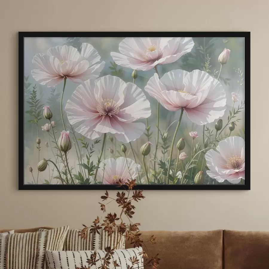 Fototapete Ein Feld mit zarten, blassrosa Mohnblumen mit weichen, hauchzarten Blütenblättern vor einem verschwommenen grünen Hintergrund f41094