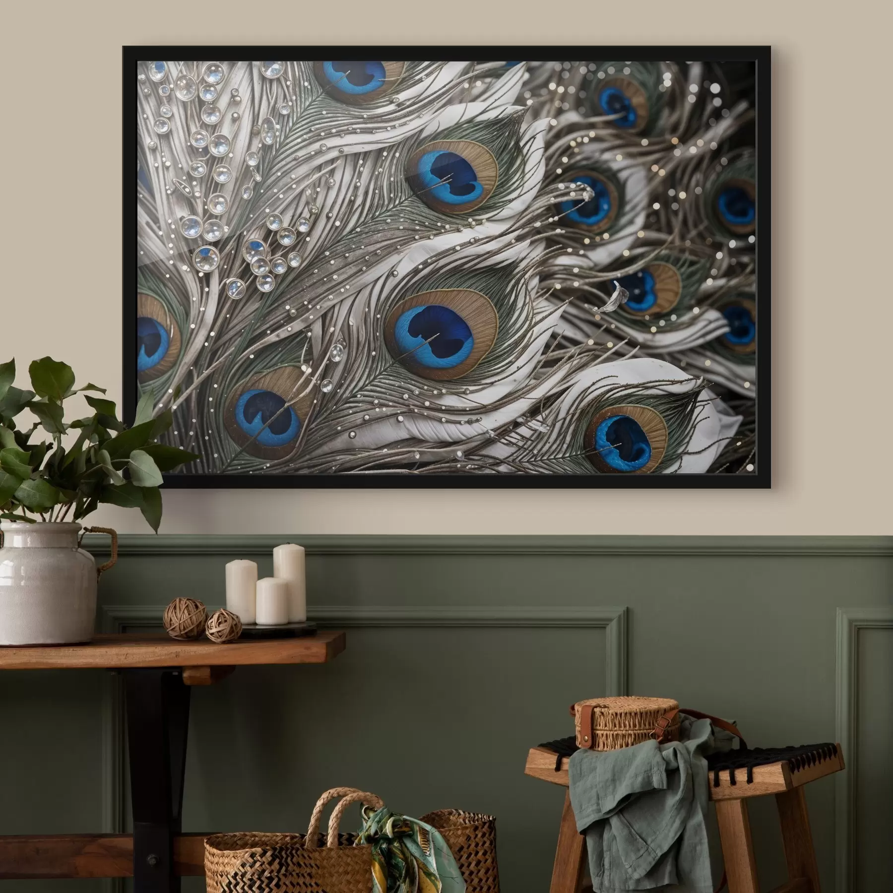 Fototapete Lebendige Pfauenfedern mit verschlungenen Mustern und auffälligen blauen Mustern f41103