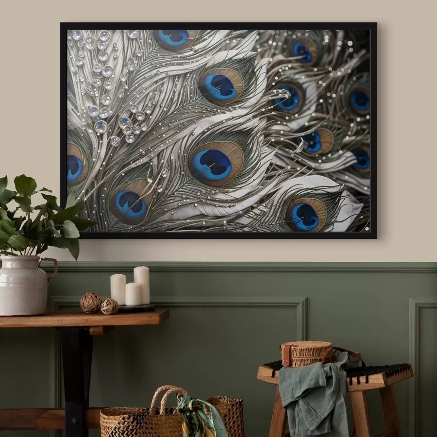 Fototapete Lebendige Pfauenfedern mit verschlungenen Mustern und auffälligen blauen Mustern f41103