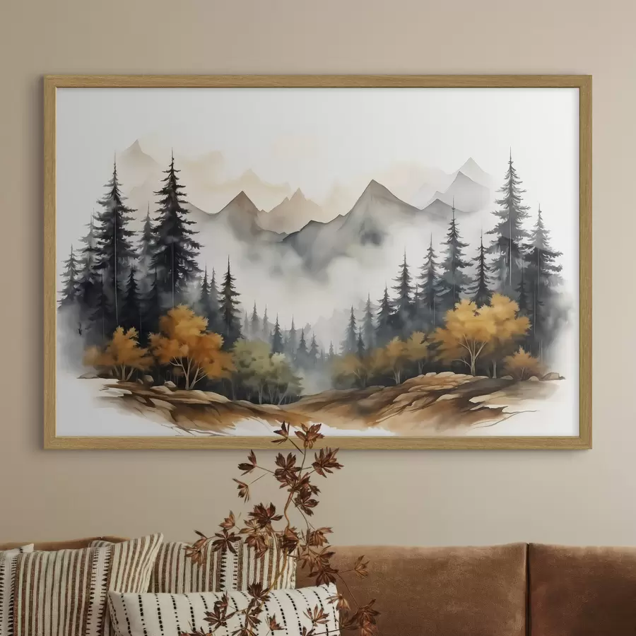 Fototapete Wald auf dem Hintergrund der Berge Aquarell f41240