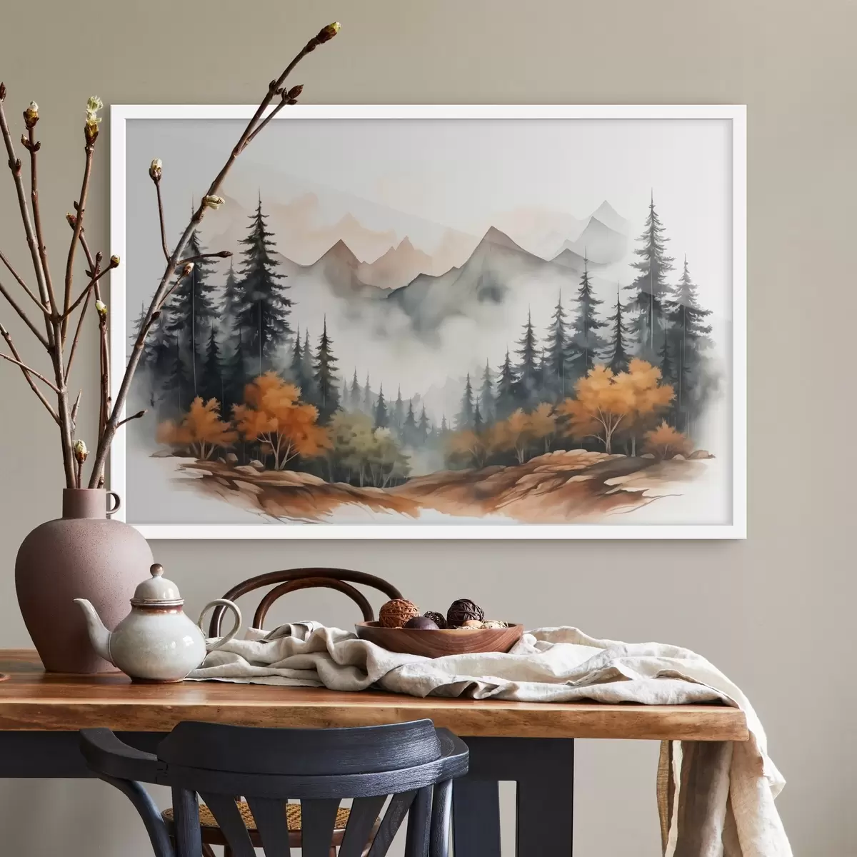 Poster Wald auf dem Hintergrund der Berge Aquarell f41240