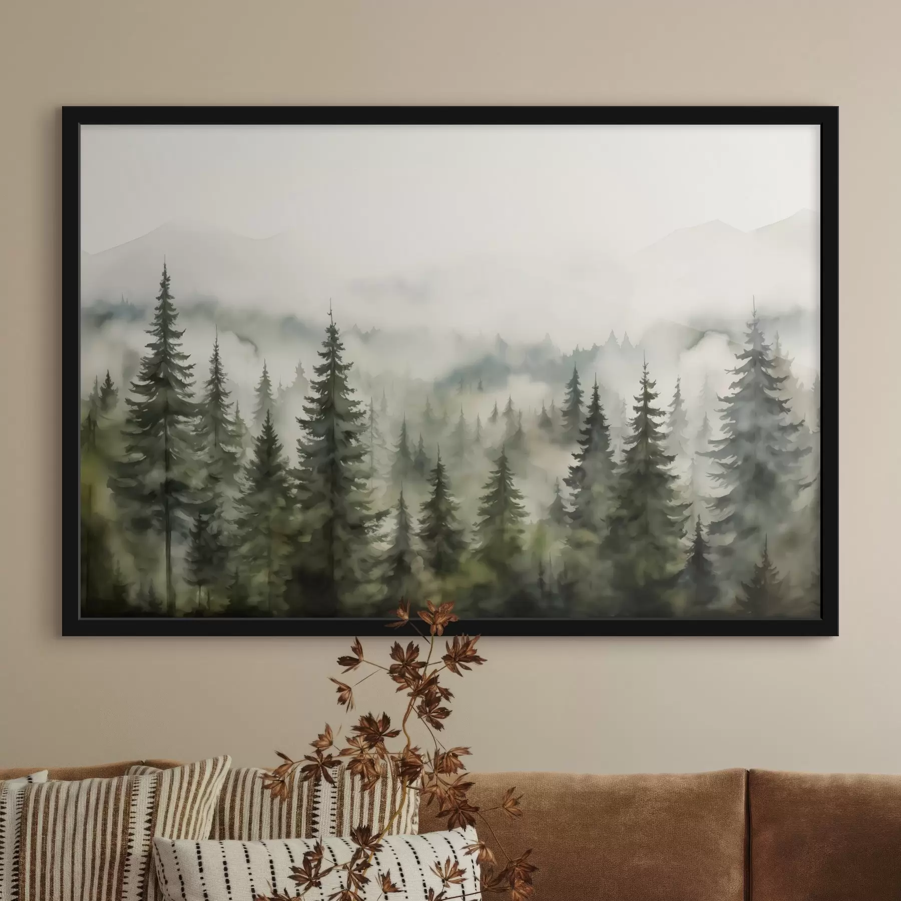 Fototapete Grüner Wald auf dem Hintergrund der Berge Berge und Nebel Aquarell f41241
