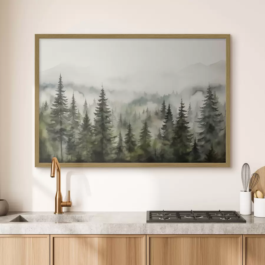 Fototapete Grüner Wald auf dem Hintergrund der Berge Berge und Nebel Aquarell f41241