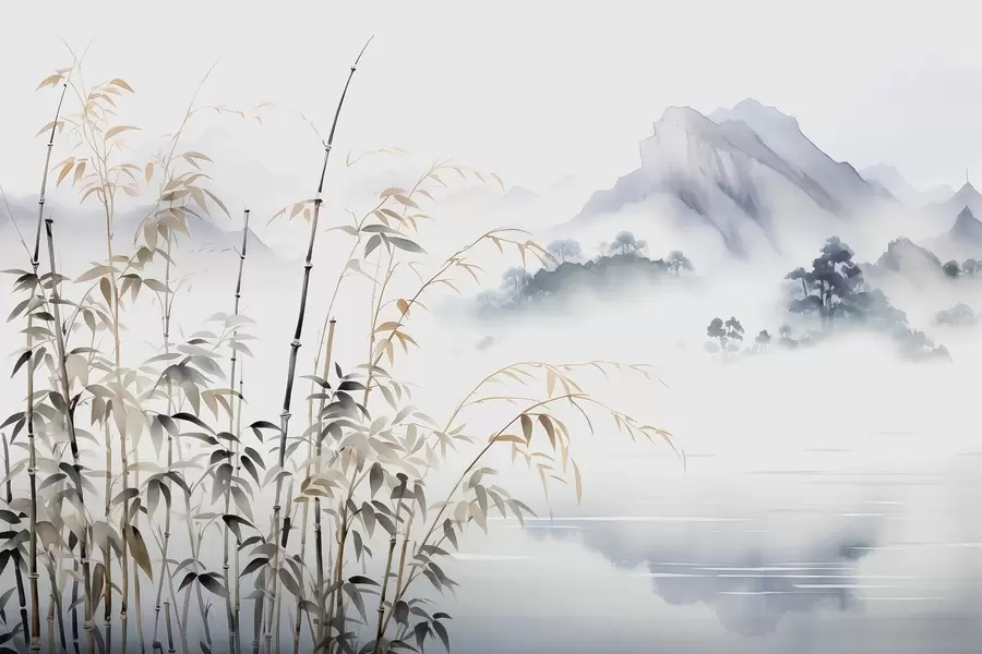 Fototapete Nasse Aquarell-Bambusstämme auf Berghintergrund w01864