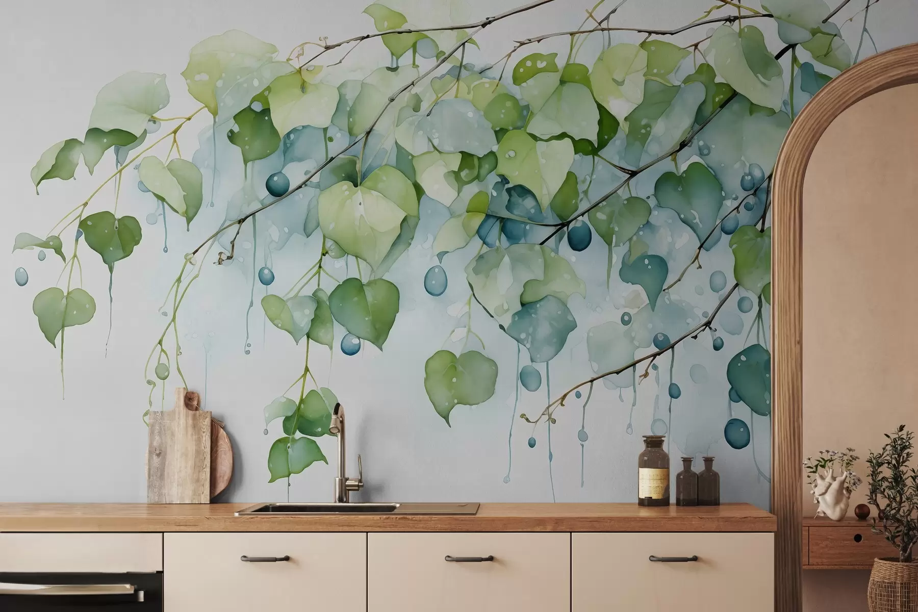 Fototapete Zweig mit Blättern nasses Aquarell w01870