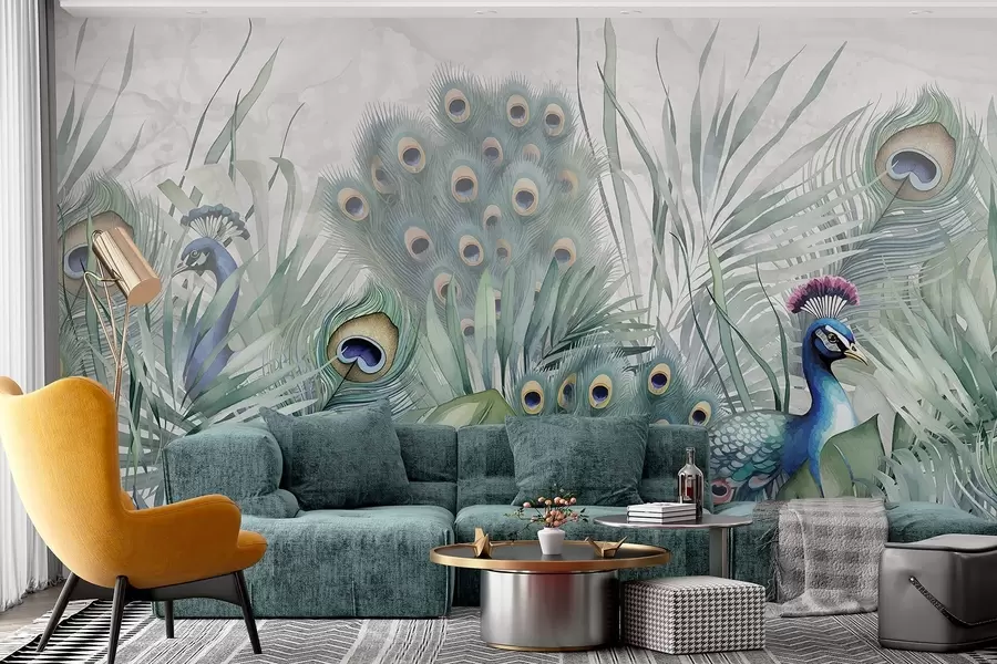 Fototapete Ein Paar bunte Pfauen umgeben von üppigen Aquarell grünes Laub und lebendige Blumen auf grauem Hintergrund w08345