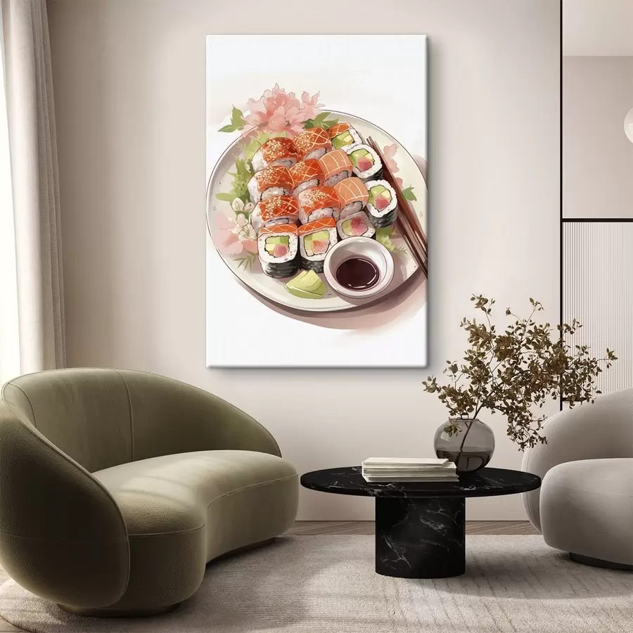 Wandbilder Aquarell Teller mit Sushi, Lachs, lecker s41180