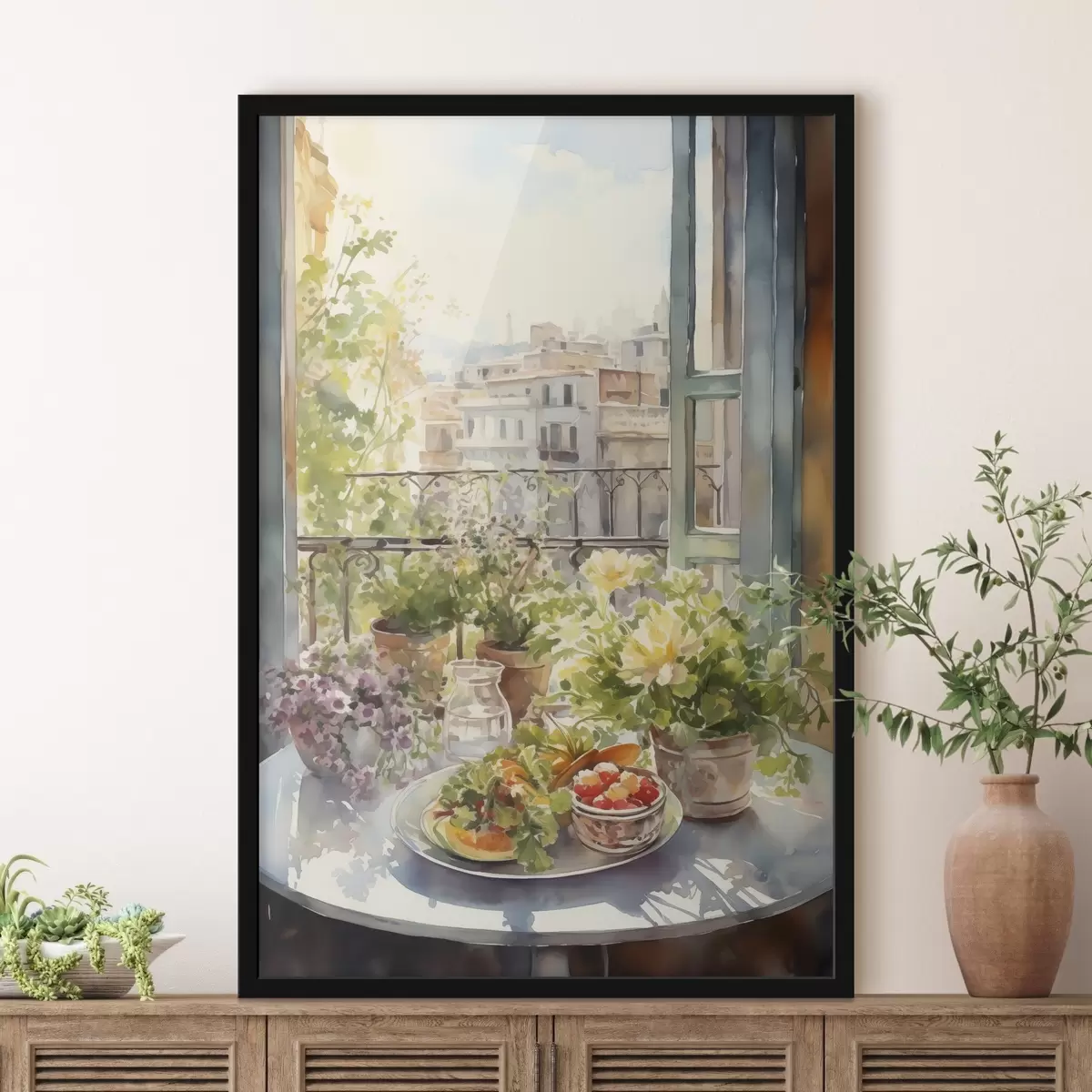 Poster Romantisches Abendessen mit Blick auf die Stadt, Aquarell, floral f41168