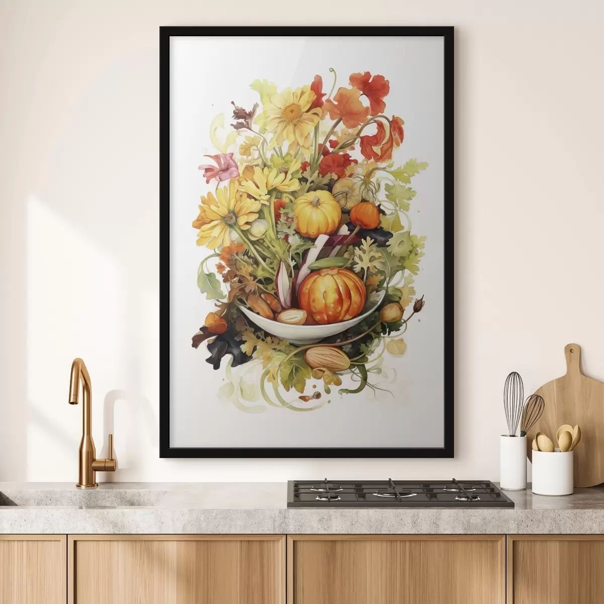 Poster Herbsternte, Aquarellgemüse, Kürbisse, Blumen f41172