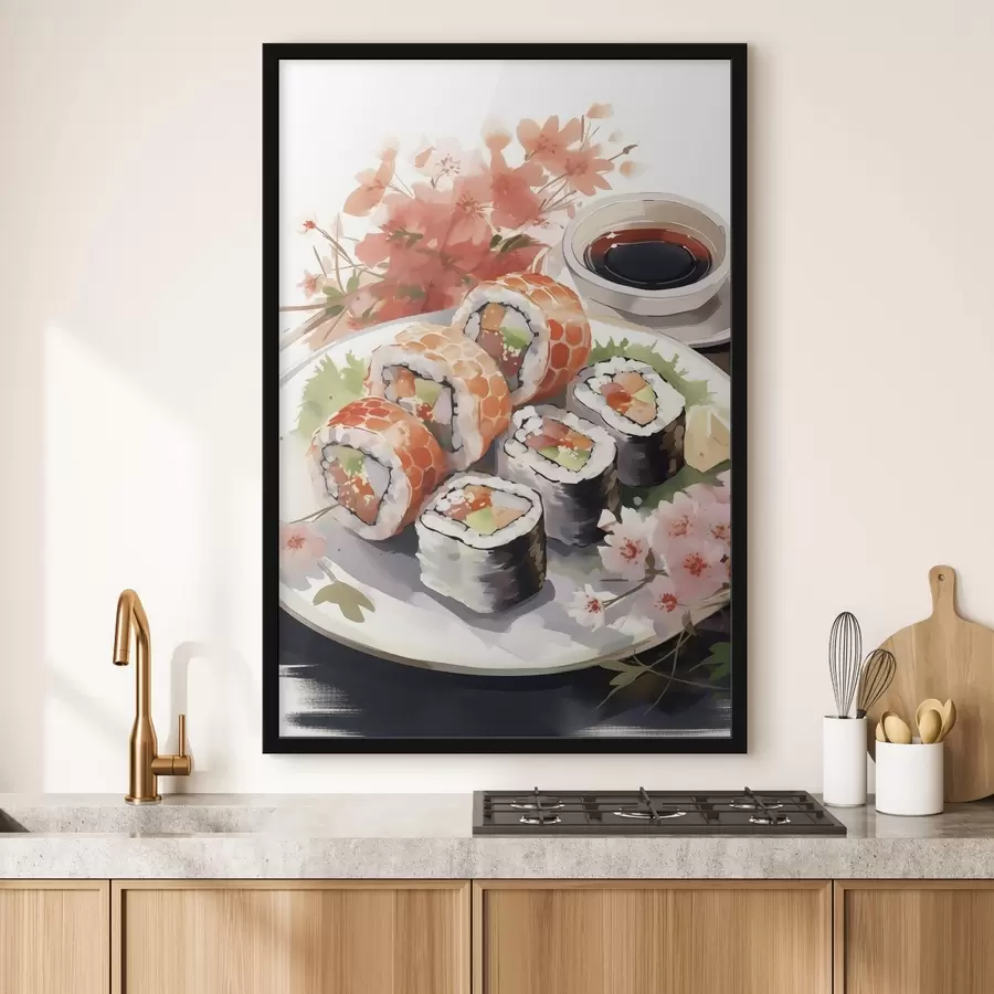 Fototapete Sushi auf dem Teller, Aquarell, floral, japanisch f41179