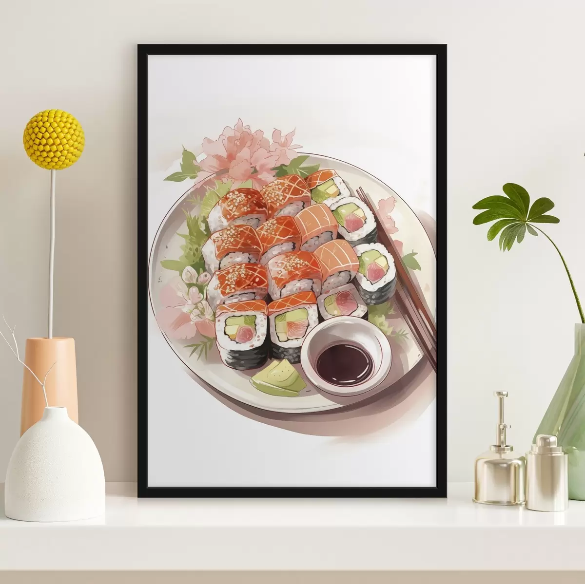 Poster Aquarell Teller mit Sushi, Lachs, lecker f41180