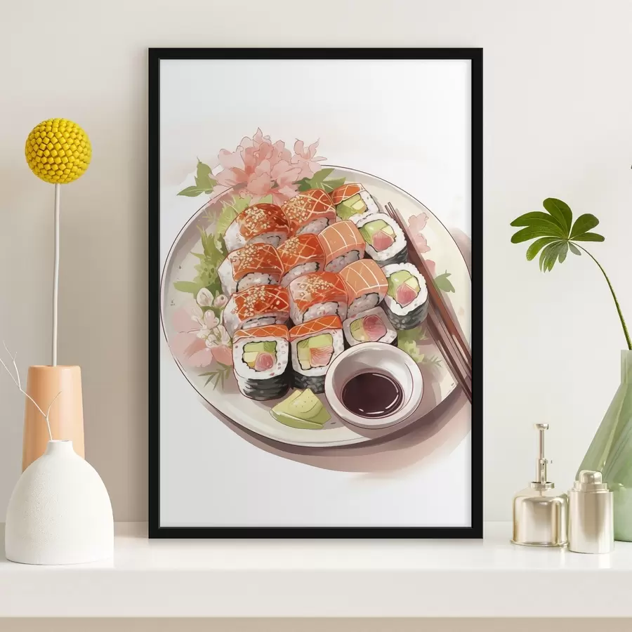 Fototapete Aquarell Teller mit Sushi, Lachs, lecker f41180