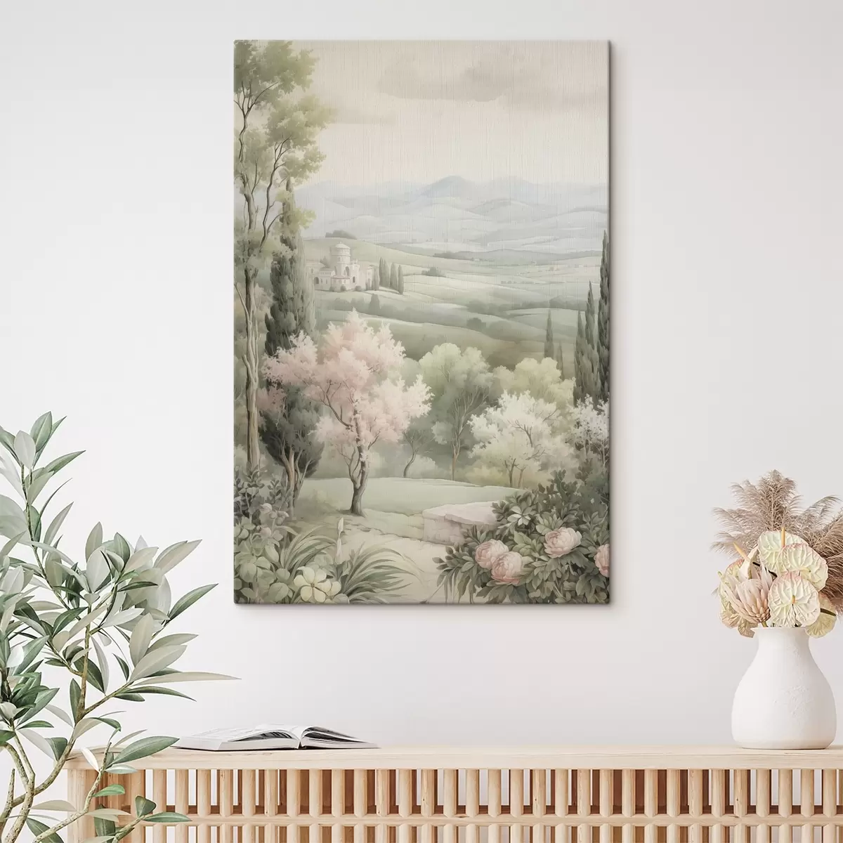 Wandbilder Aquarell Natur, weiche Farben, Rosen, Bäume, grüne Hügel s41223