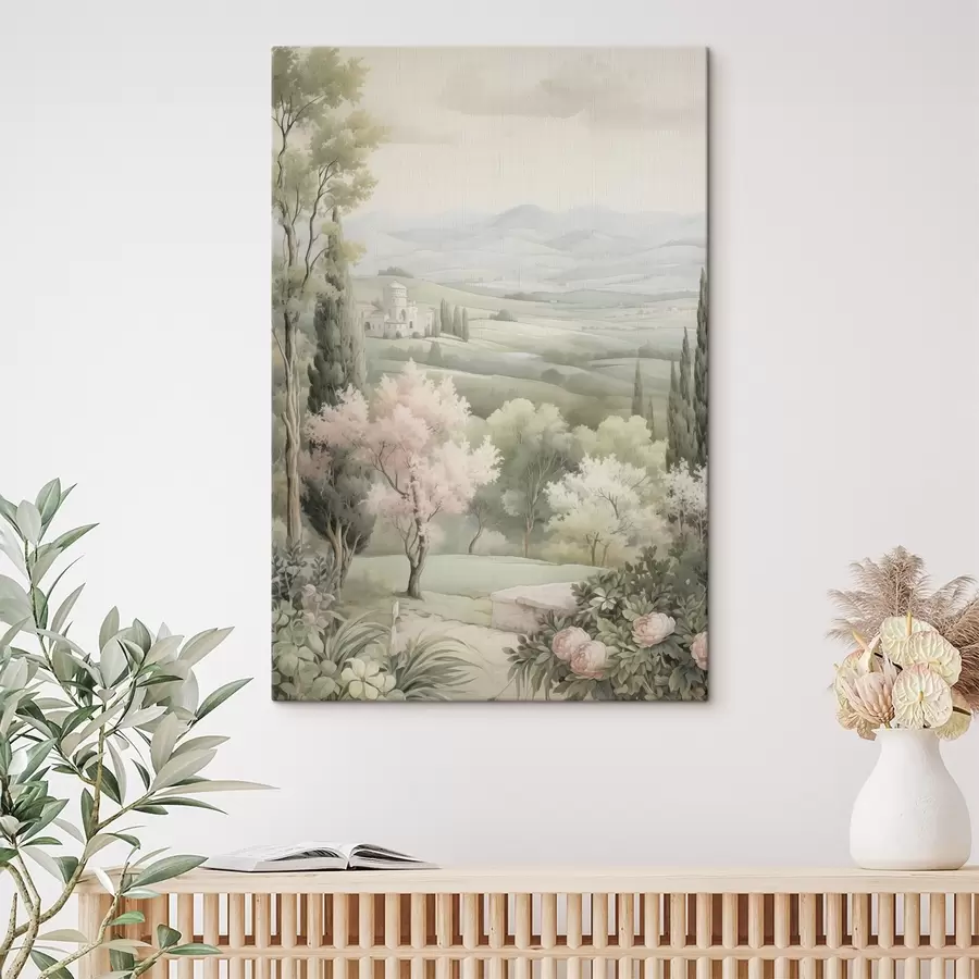 Fototapete Aquarell Natur, weiche Farben, Rosen, Bäume, grüne Hügel s41223