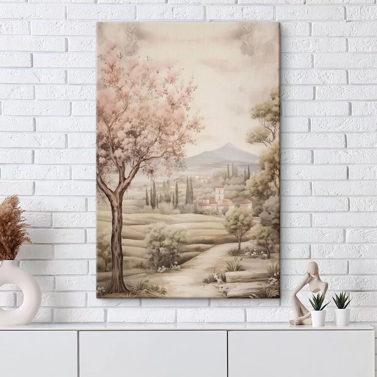 Wandbilder Aquarell Hügel, blühender Kirschbaum, Schloss, rustikaler Stil s41225