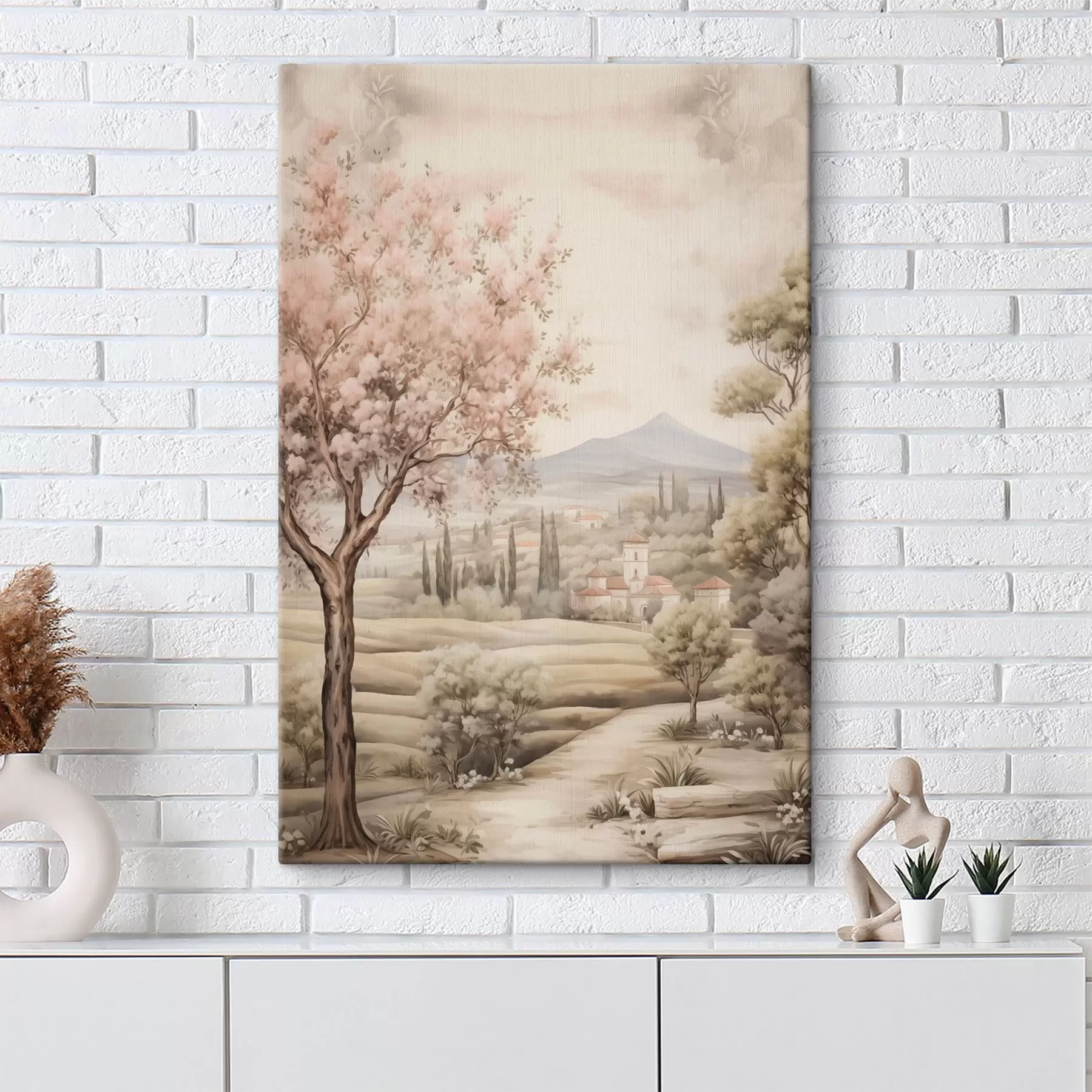 Fototapete Aquarell Hügel, blühender Kirschbaum, Schloss, rustikaler Stil s41225