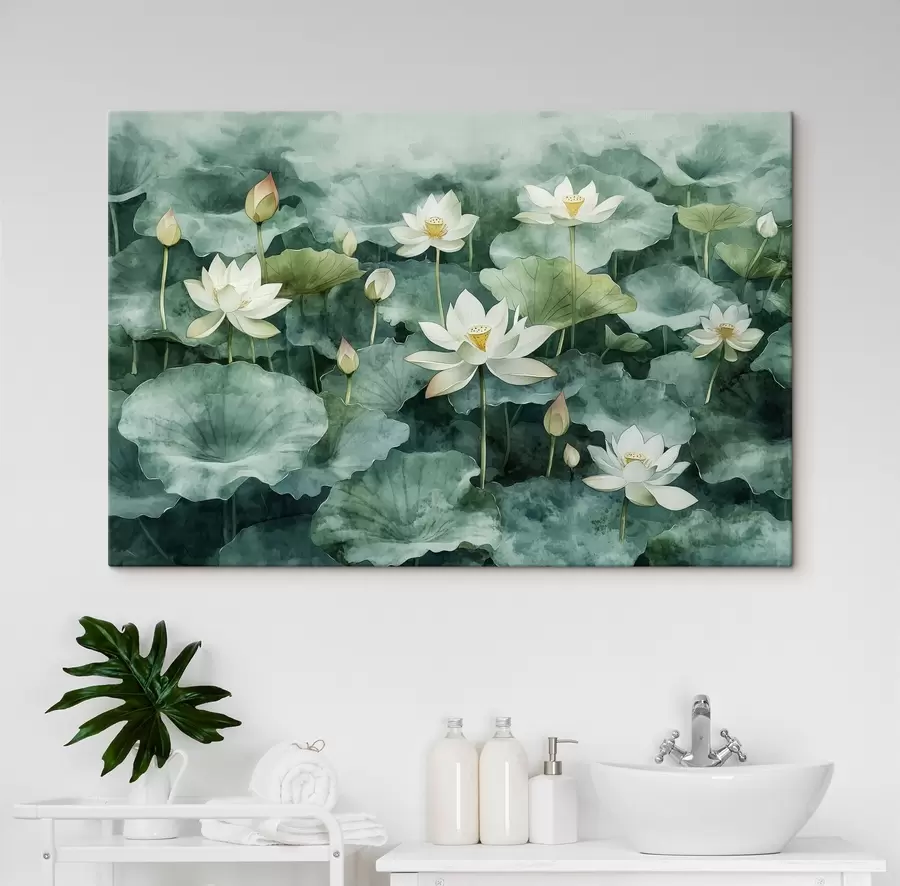 Wandbilder Lotosblumen im Teich, Aquarell, Grünzeug s41228
