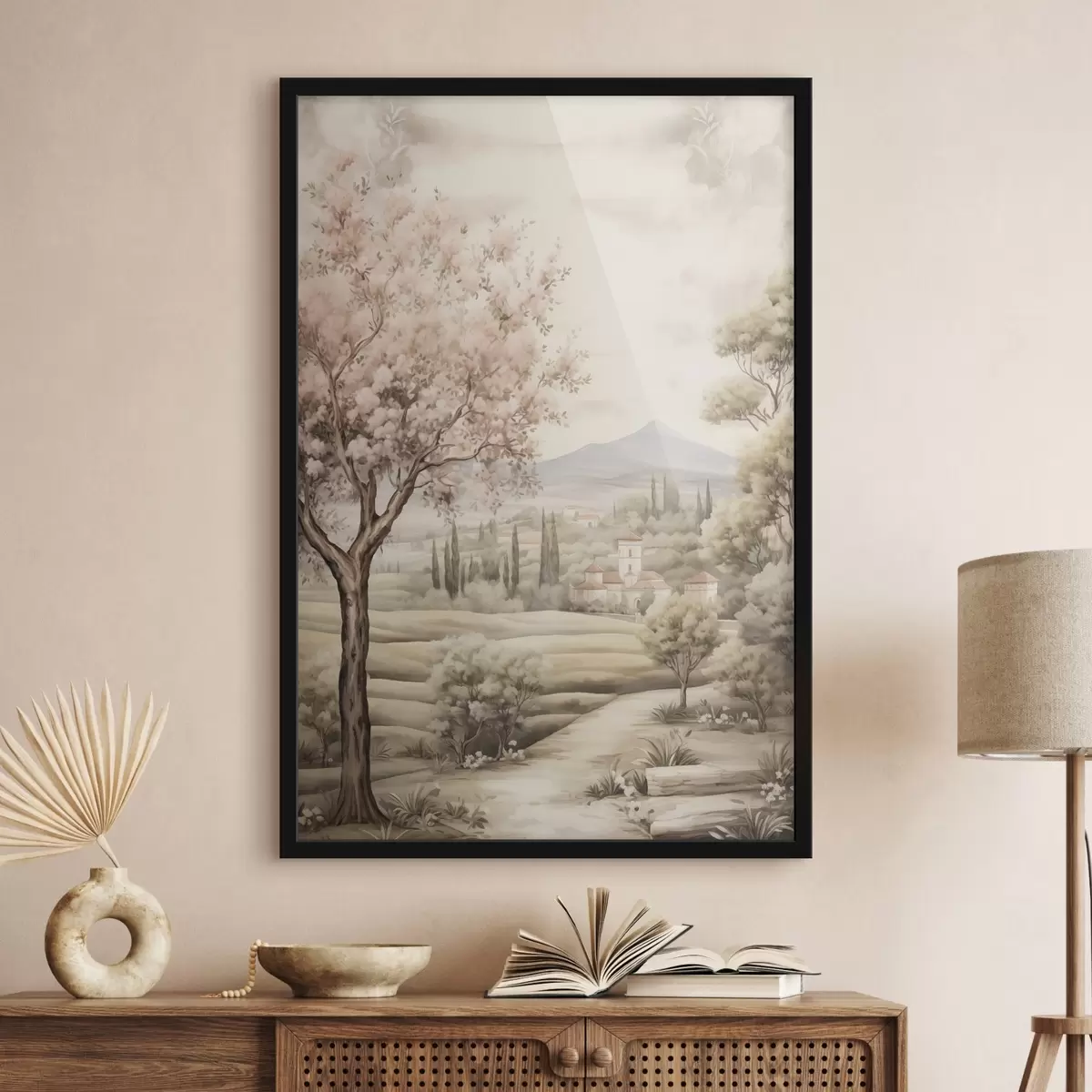 Poster Aquarell Hügel, blühender Kirschbaum, Schloss, rustikaler Stil f41225