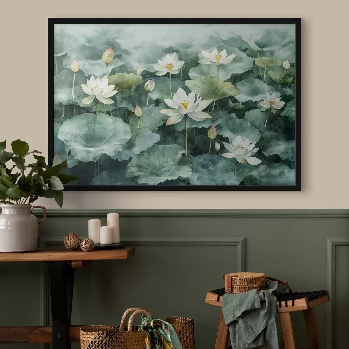 Poster Lotosblumen im Teich, Aquarell, Grünzeug f41228