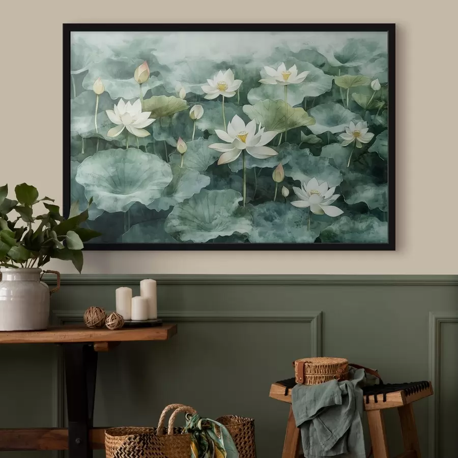 Fototapete Lotosblumen im Teich, Aquarell, Grünzeug f41228