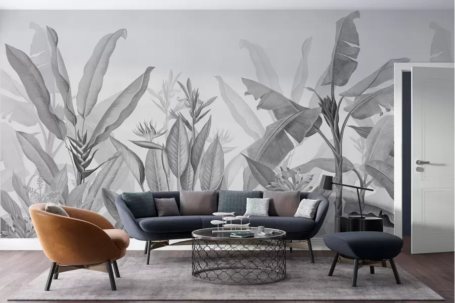 Fototapete Schwarze und weiße tropische Blätter und Blumen auf einem hellen Hintergrund w01834v3