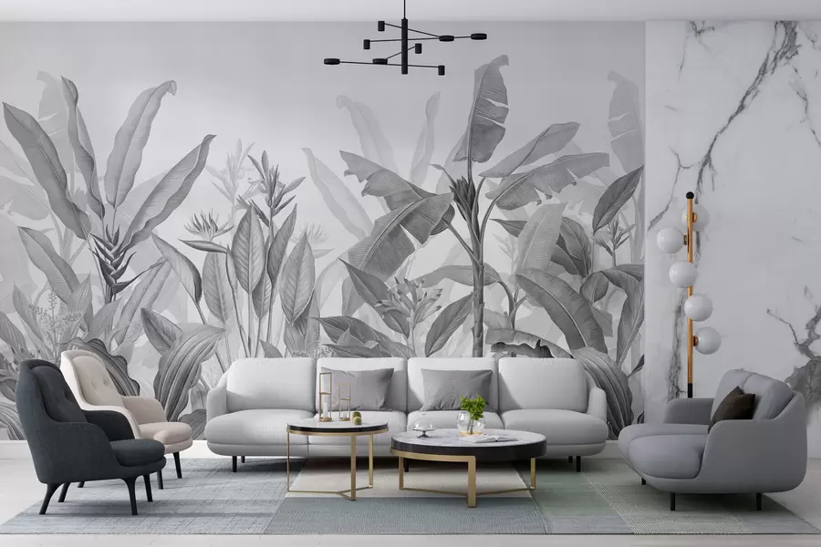 Fototapete Schwarze und weiße tropische Blätter und Blumen auf einem hellen Hintergrund w01834v3